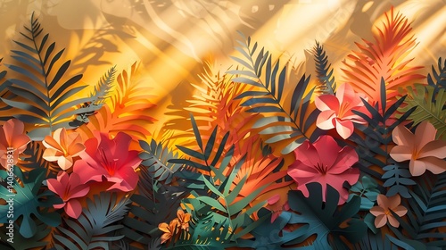 Paper Cutout Layered Art Botanical Motifs and Warm Sunlight Shadows