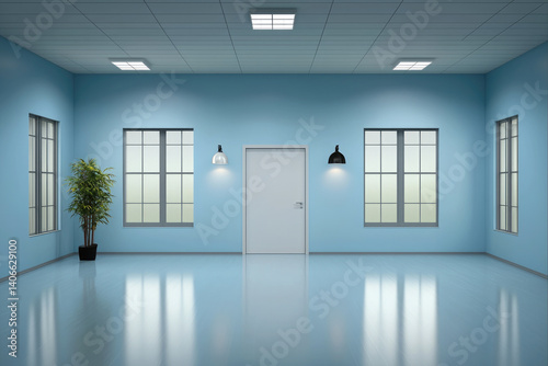 serene empty blue studio room featuring large windows, door, and stylish lighting fixtures. space is bright and inviting, perfect for creative projects or relaxation
