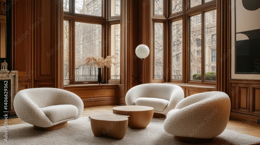 Modern boucle lounge chairs and a neutral-toned sofa placed in an elegant classic-style room with large windows, soft lighting, and wooden accents.