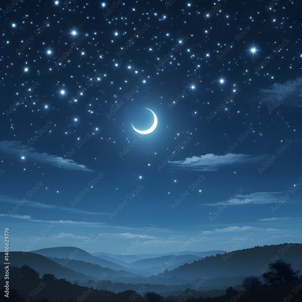 Obraz premium A serene and tranquil clear night sky filled with countless twinkling stars of varying sizes and brightness, with a radiant glowing crescent moon suspended low above the horizon, casting a silver-blue