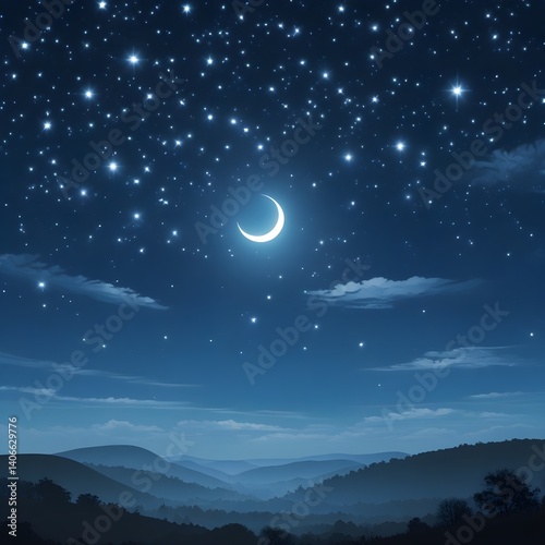 A serene and tranquil clear night sky filled with countless twinkling stars of varying sizes and brightness, with a radiant glowing crescent moon suspended low above the horizon, casting a silver-blue