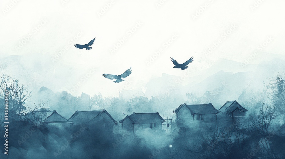 Watercolor depiction of birds soaring over a tranquil village with dreamy Lapki atmosphere and a serene landscape at twilight