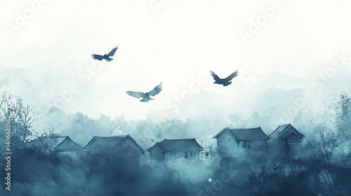 Obraz na płótnie Watercolor depiction of birds soaring over a tranquil village with dreamy Lapki atmosphere and a serene landscape at twilight w salonie