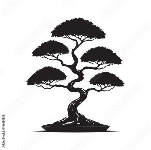 Japanese bonsai tree silhouette vector illustration