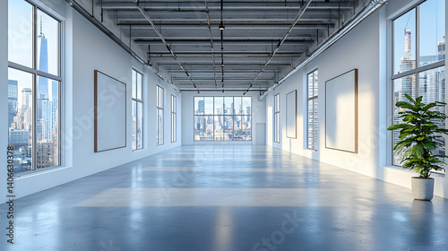 Modern City View Loft: Sunlit Empty Gallery Space with Polished Concrete Floor and Large Windows
