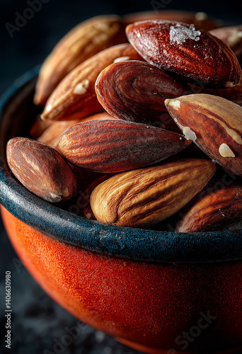 Raw Almond Nuts in Orange Bowl on Dark Background, Top View Food Photography with Natural Lighting and Soft Shadows, High-Resolution Image Captured Overhead for Healthy Eating and Organic Lifesty