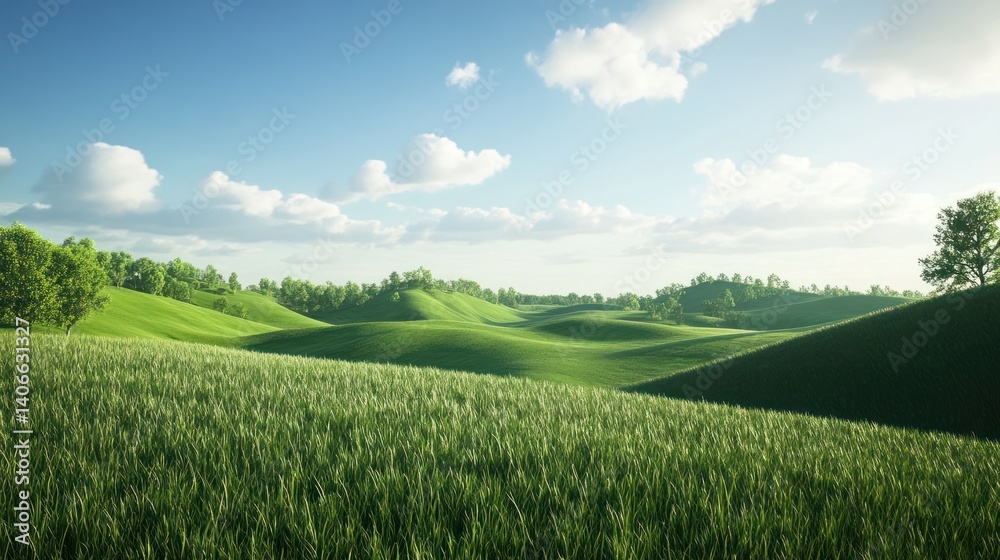 Fototapeta premium Lush green rolling hills create a serene and inviting natural landscape