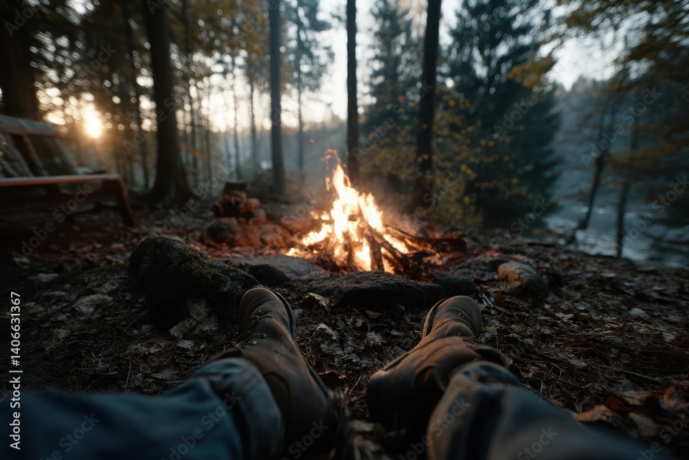 Person relaxing by a campfire in a tranquil forest setting Person relaxing by a campfire in a tranquil forest setting