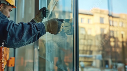 Glass installer positioning a large glass panel for a storefront. Featuring precision glazing and urban design