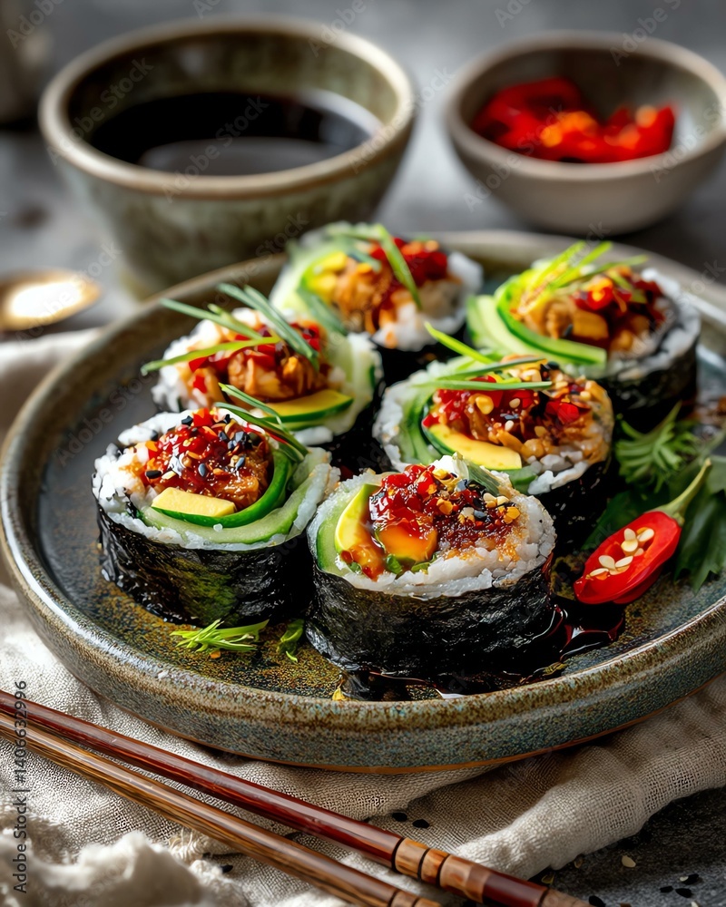 Delicious sushi rolls with fresh ingredients served on a rustic plate, perfect for culinary enthusiasts and food lovers.