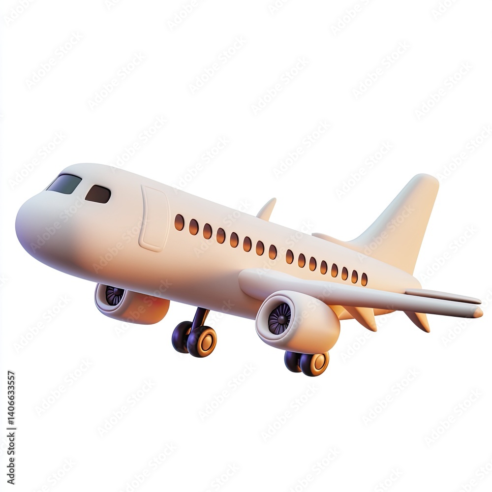 Obraz premium 3D Render of a Cartoon Airplane in Flight, Air Travel, Passenger Jet, White Aircraft, Aviation, Flight Mode, Sky Travel, Airplane Animation, Airliner, Travel