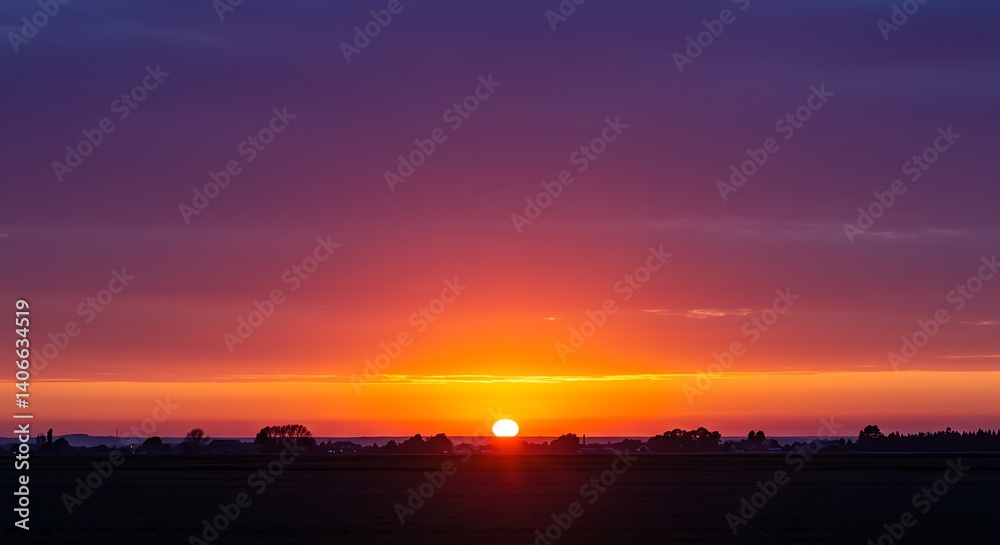 Fototapeta premium Sunset Landscape: Fiery Horizon, Silhouetted Trees, Serene Evening