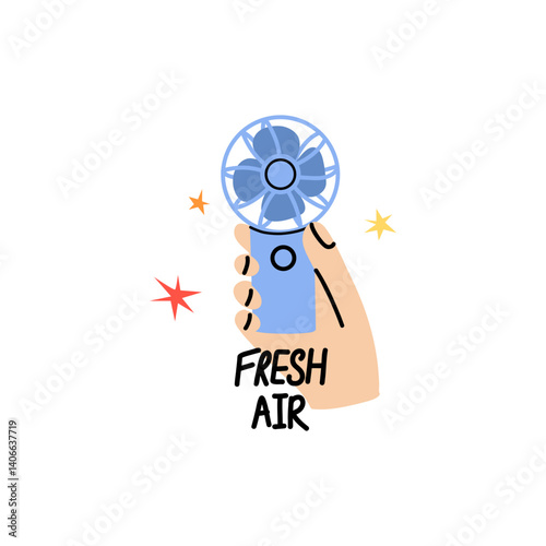 Electric fan. Ventilator table rotating propeller, cool air control, climate control in home. Modern and vintage blower equipment. Doodle drawing. Vector cartoon flat isolated poster, print