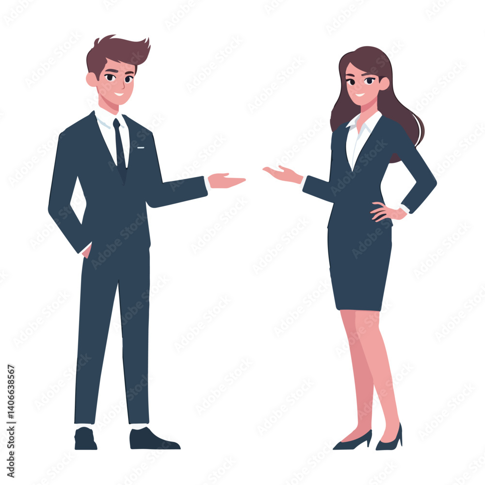vector business man and woman standing presentation gesture vector business man and woman standing presentation gesture