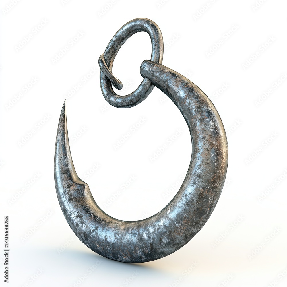 A Close-Up View of a Weathered Metal Hook, Isolated on a White Background, Showing Texture and Detail, a Symbol of Strength and Endurance A Close-Up View of a Weathered Metal Hook, Isolated on a White Background, Showing Texture and Detail, a Symbol of Strength and Endurance