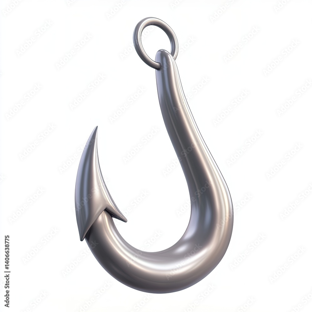 Closeup View of a Shiny Metallic Fishing Hook with a Ring, Isolated on White Background Closeup View of a Shiny Metallic Fishing Hook with a Ring, Isolated on White Background