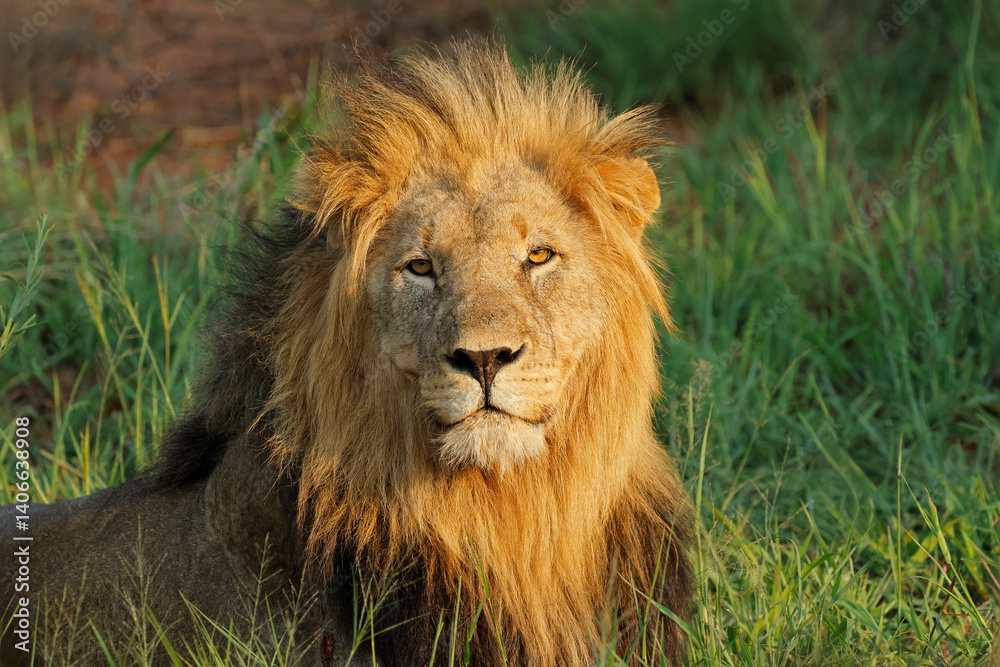 Portrait of a big male African lion (Panthera leo), Madikwe game reserve, South Africa. Portrait of a big male African lion (Panthera leo), Madikwe game reserve, South Africa.