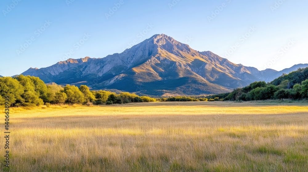 Fototapeta premium Golden meadow stretches beneath a majestic mountain peak