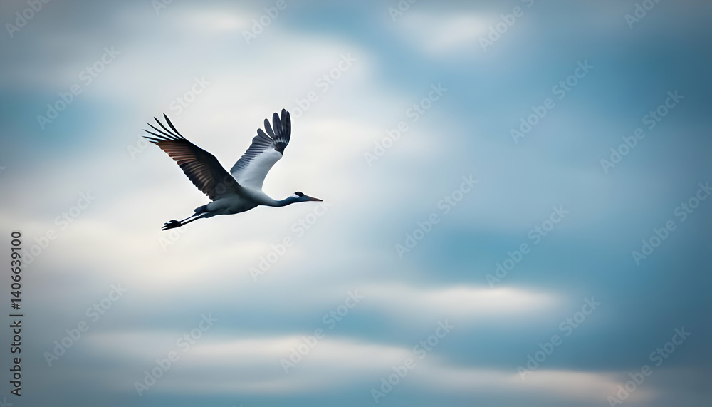 Crane in Flight: A majestic crane gracefully soars through the sky, its wings spread wide against a backdrop of fluffy clouds, capturing the essence of freedom and boundless possibilities. Crane in Flight: A majestic crane gracefully soars through the sky, its wings spread wide against a backdrop of fluffy clouds, capturing the essence of freedom and boundless possibilities.