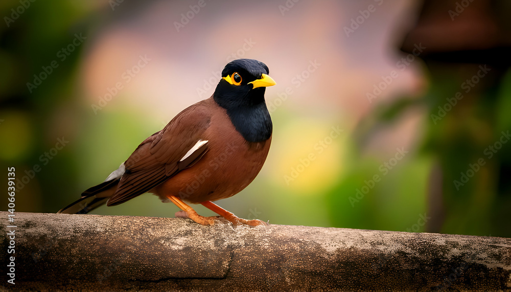 Fototapeta premium Majestic Myna Perched: A vibrant myna bird with striking plumage and yellow beak stands perched on a weathered stone, observing the world with an air of confidence.