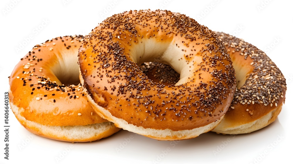 Three delicious poppy seed bagels are stacked together on a white background showcasing their golden crust and textures. Three delicious poppy seed bagels are stacked together on a white background showcasing their golden crust and textures.