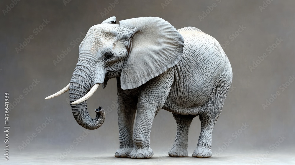 Obraz premium A majestic, grey elephant stands tall in front of a neutral backdrop, showcasing its large size