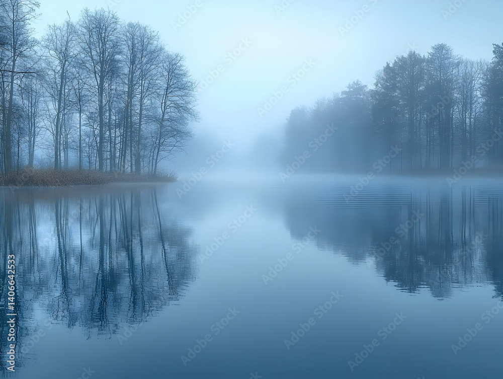 Misty Morning: Trees Reflecting on Serene Lake in a Dreamlike, Tranquil, and Peaceful Atmosphere Misty Morning: Trees Reflecting on Serene Lake in a Dreamlike, Tranquil, and Peaceful Atmosphere