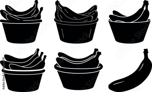 Silhouette of Abundant Bananas: Artistic black silhouettes of ripe bananas in various containers, symbolizing a bountiful harvest and the simple pleasures of fresh fruit.
