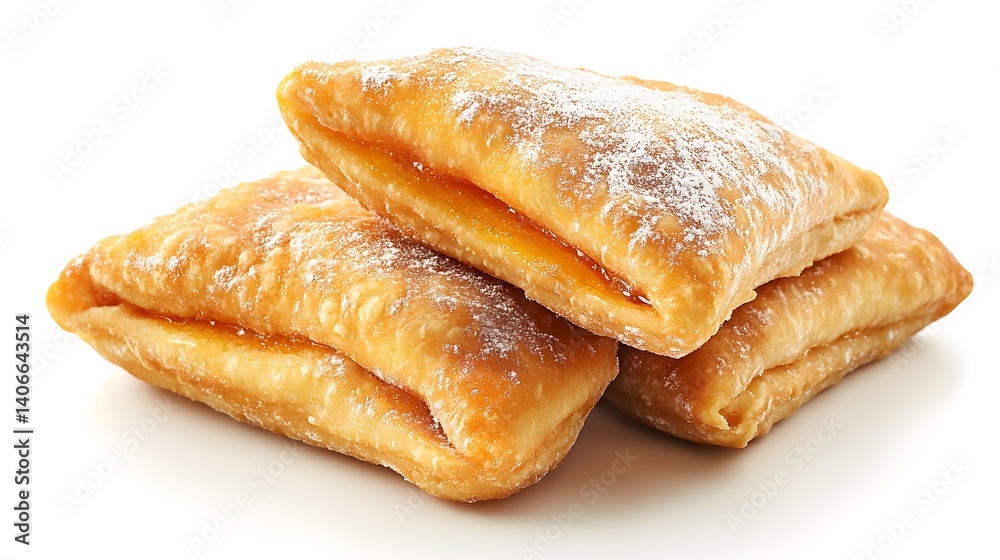 Three golden brown pastries filled with sweet apricot jam are dusted with powdered sugar on a white background. Three golden brown pastries filled with sweet apricot jam are dusted with powdered sugar on a white background.