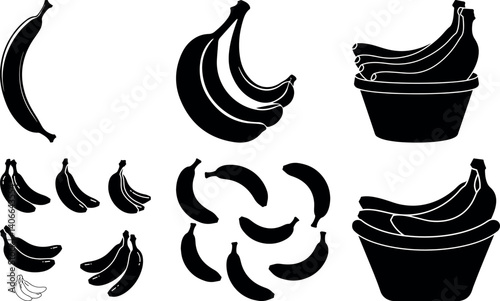 Banana Variety Silhouette: A set of sleek banana silhouettes in various compositions, including bunches, individual fruits, and arrangements.