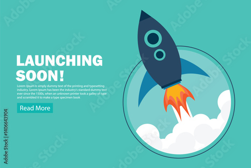 Launching soon flat style rocket in space sign web template