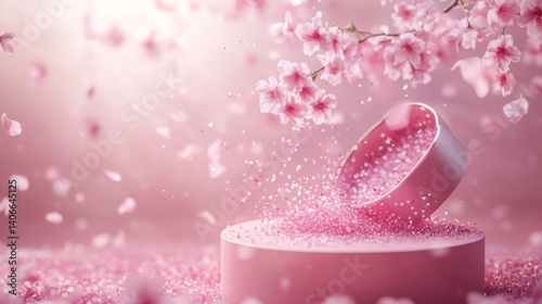 Pink Cherry Blossoms and Glittering Petals on Soft Pink Background