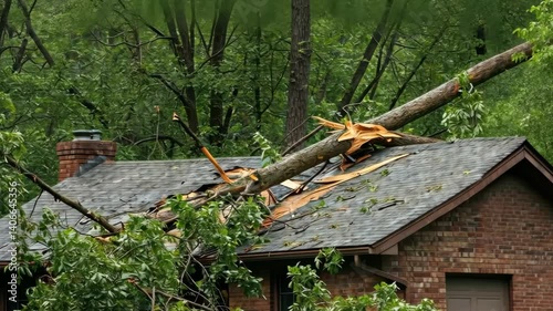 Fallen tree on roof causing damage to shingles and structure of a residential brick home after storm