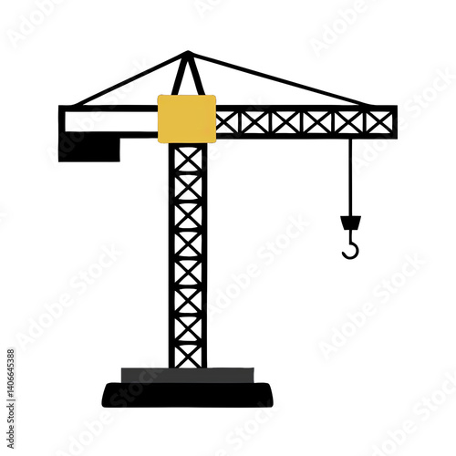 A large flat style construction crane rises against a solid background symbolizing the progress of urban development and engineering in a vibrant city