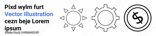 Sun, gear, and dollar sign in clean line art. Ideal for energy, strategy, finance, productivity, technology success and sustainability. Abstract line flat metaphor
