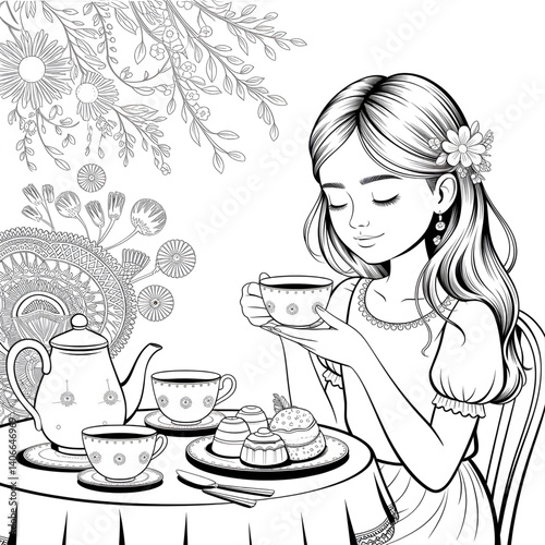‎A black and white a girl eating a tea  illustration line art of a coloring page