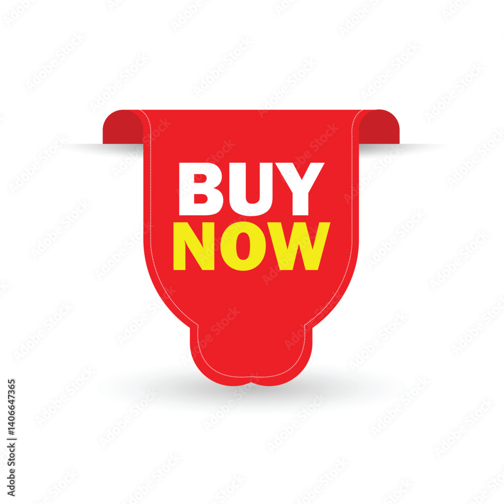 Buy now red ribbon isolated on white background. Red label
