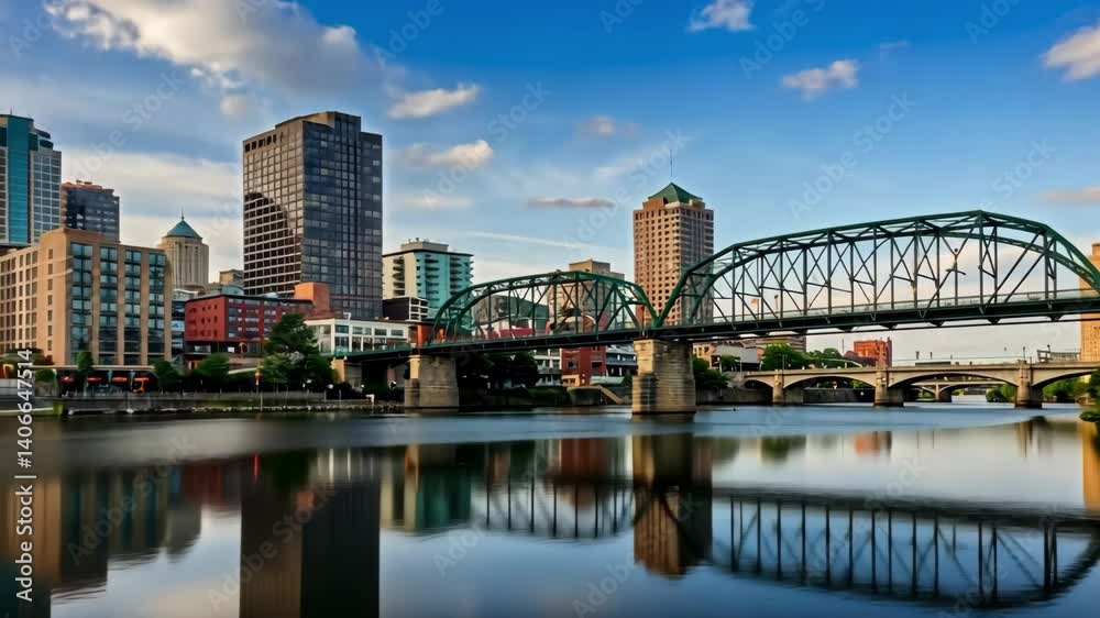 Cityscape view of grand rapids michigan with bridges and buildings under a cloudy blue sky day Cityscape view of grand rapids michigan with bridges and buildings under a cloudy blue sky day