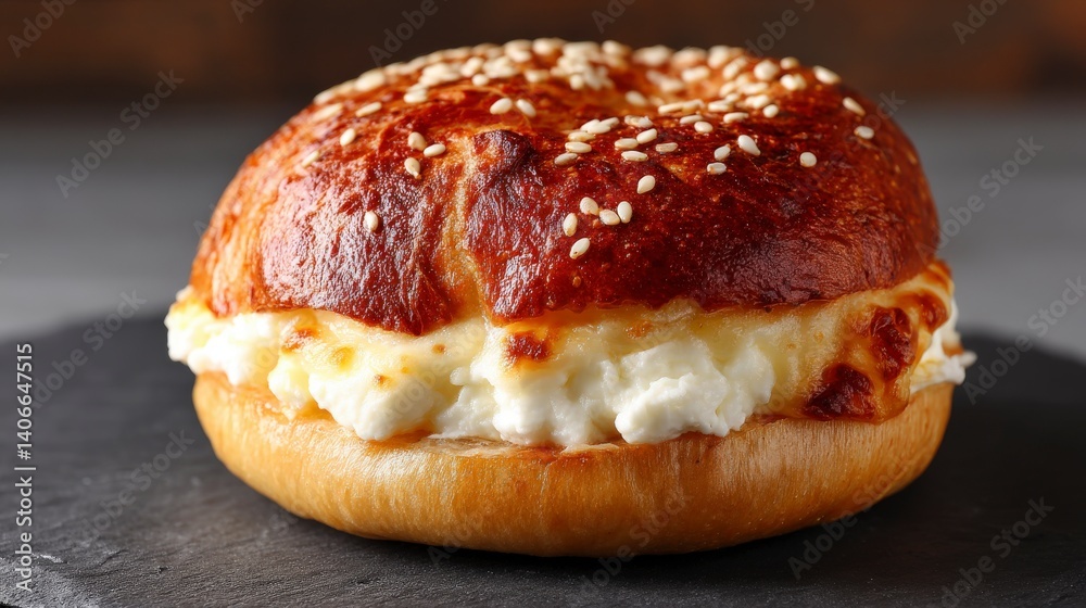 Freshly Baked Soft Pretzel Bun with Creamy Cheese Filling on Slate Surface Close Up Freshly Baked Soft Pretzel Bun with Creamy Cheese Filling on Slate Surface Close Up