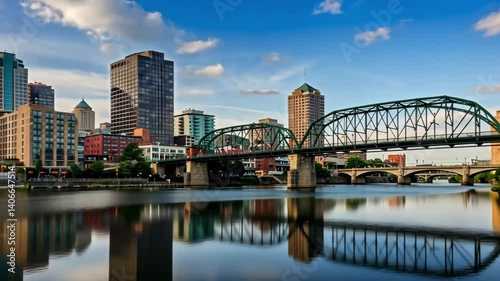 Cityscape view of grand rapids michigan with bridges and buildings under a cloudy blue sky day photo