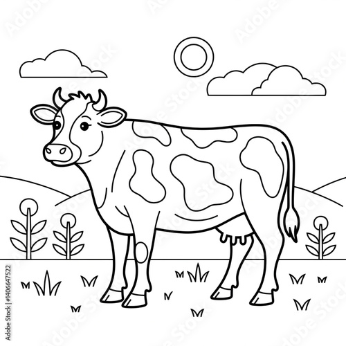 ‎A black and white cow illustration line art of a coloring page 