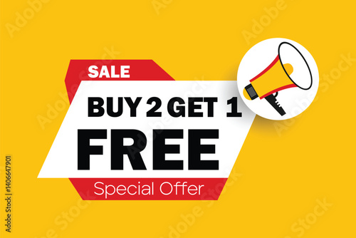 Buy 2 get 1 free sale message concept with megaphone on ribbon