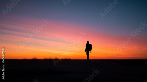Adventure travel concept person silhouette watching dawn dusk horizon