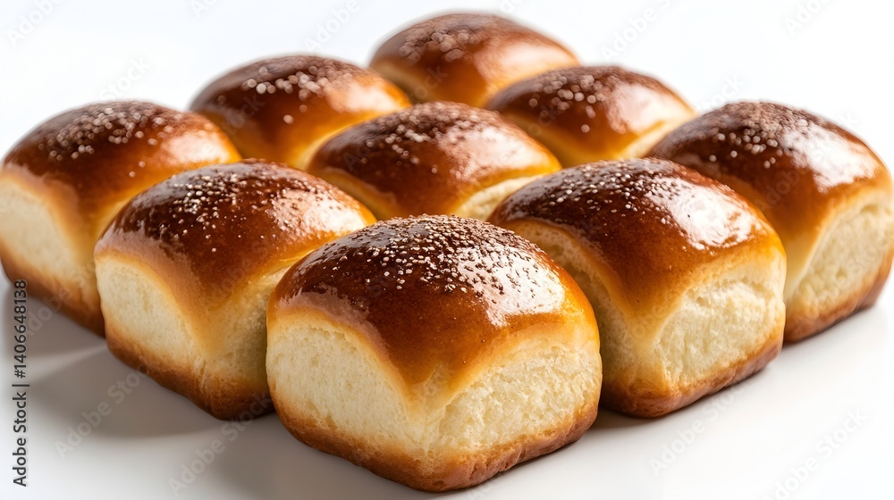 A dozen golden brown dinner rolls baked to perfection sit on a white background ready to serve. A dozen golden brown dinner rolls baked to perfection sit on a white background ready to serve.