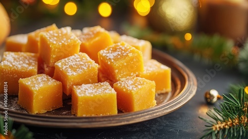 Close-up of traditional Indian mango burfi cubes plated on worn antique dish with festive accents