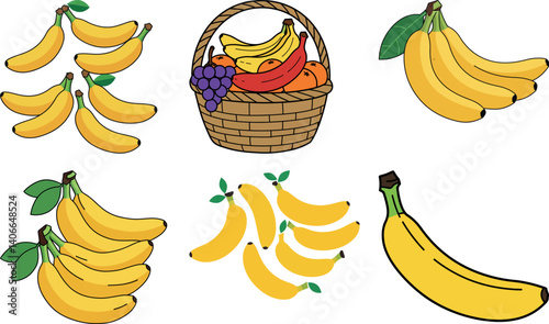 Banana Bounty: An inviting arrangement of ripe bananas, showcasing their vibrant yellow hue, alongside various other fruits, presented in a basket, offering a glimpse of nature's bounty. 