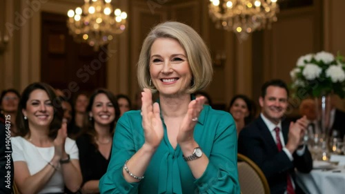 Smiling Businesswoman Clapping and Applauding at a Formal Gathering with Engaged Audience