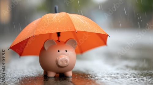 Piggy bank under orange umbrella in rain showcasing saving money and protection from financial troubles
