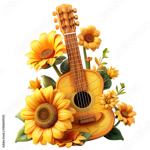 Musical Serenade: A close-up shot features a vibrant acoustic guitar embraced by an array of lush sunflowers, evoking feelings of joy and creative expression.