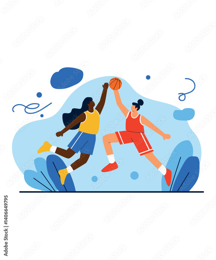 Fototapeta premium Two Women Competing in an Intense Basketball Game